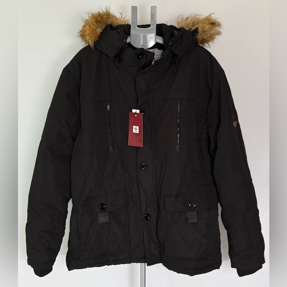 Mens Warm Winter Coat Quilted Parka Jacket with Faux Fur Removable Hood Size 3XL
